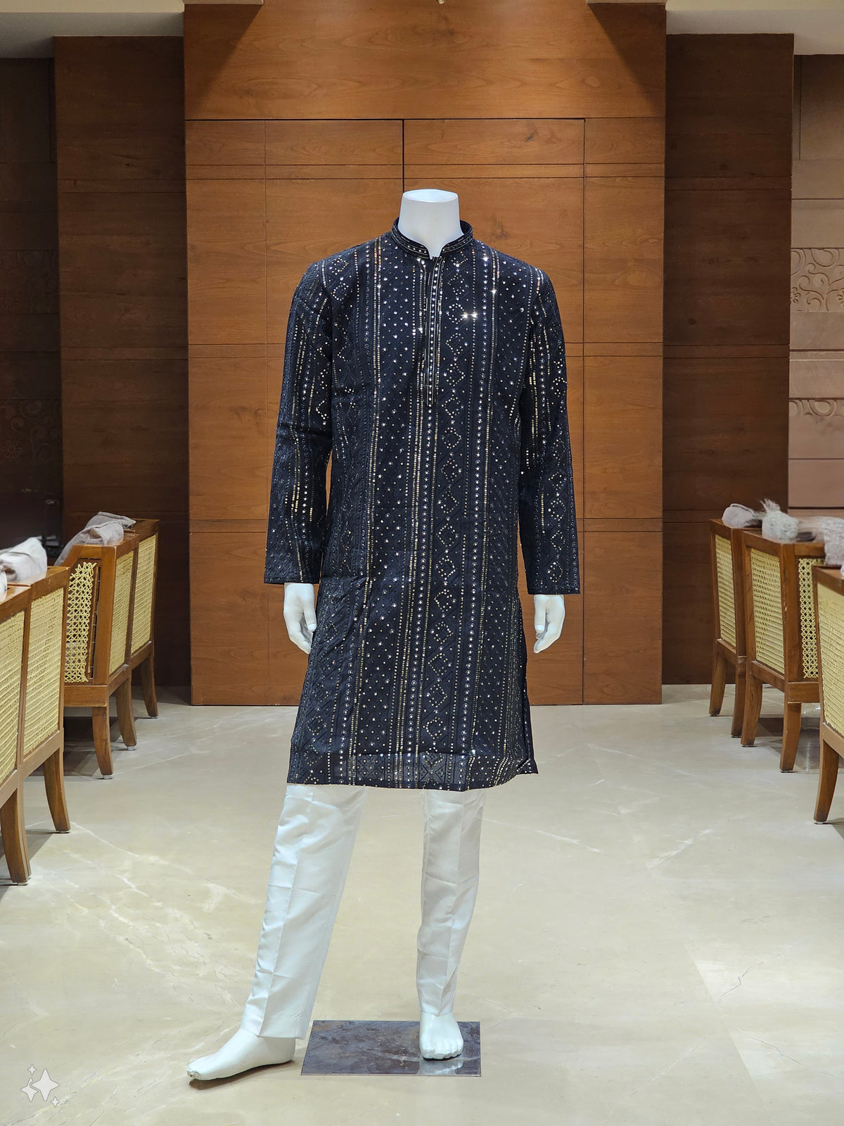 Navy Blue Cotton Kurta Set with Sequin Embroidery