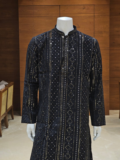 Navy Blue Cotton Kurta Set with Sequin Embroidery