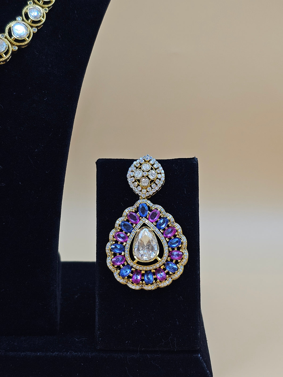 Gold-Tone Royal Necklace Set with Blue and Purple Stone Pendant
