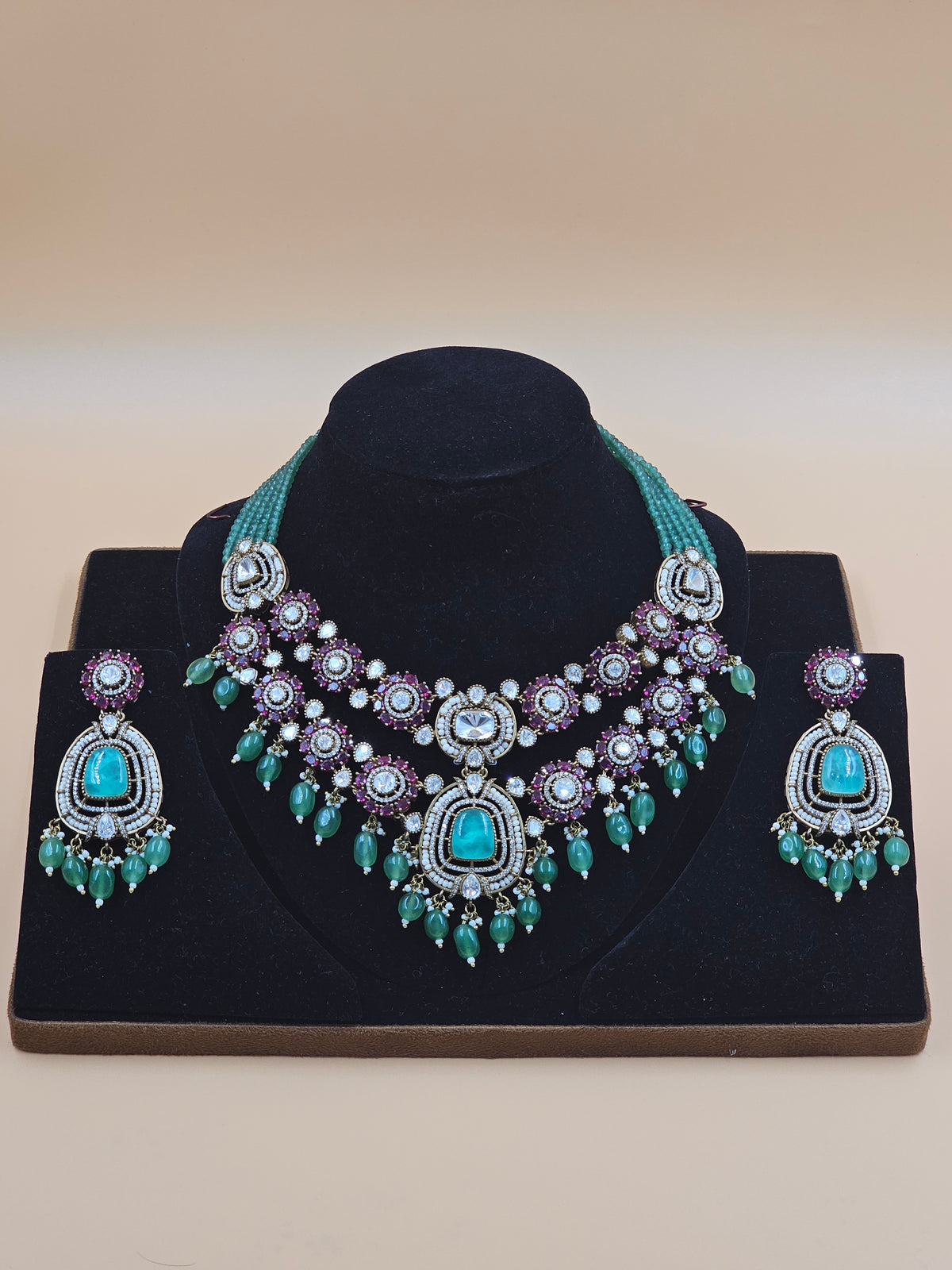 Premium Silver-Tone Necklace Set with Turquoise Stones, Purple Accents & Green Bead Drops