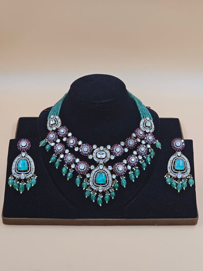 Premium Silver-Tone Necklace Set with Turquoise Stones, Purple Accents & Green Bead Drops