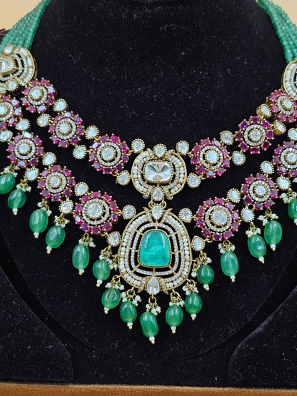 Premium Silver-Tone Necklace Set with Turquoise Stones, Purple Accents & Green Bead Drops