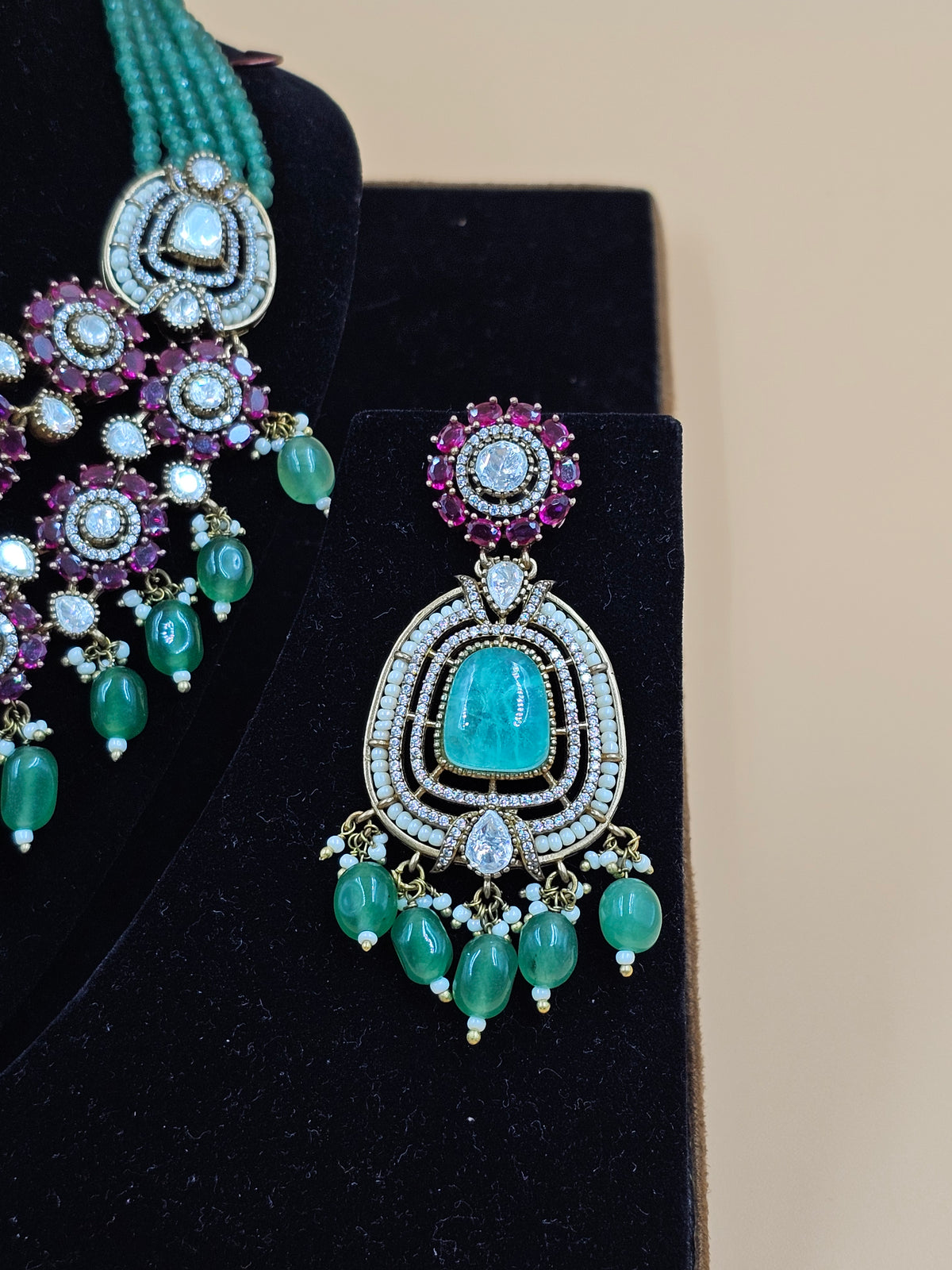 Premium Silver-Tone Necklace Set with Turquoise Stones, Purple Accents & Green Bead Drops
