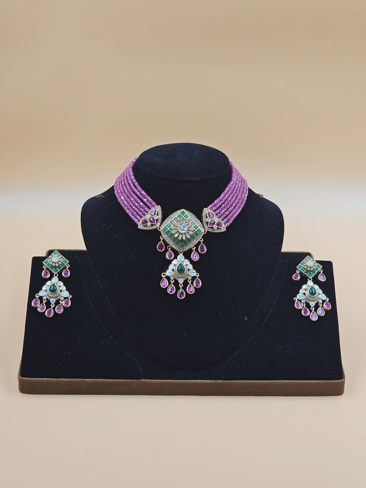 Gold-Finish Pink Beaded Choker Necklace Set with Multicolor Stones & Drop Earrings