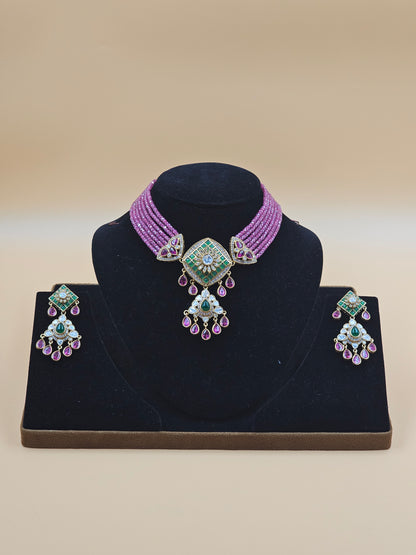 Gold-Finish Pink Beaded Choker Necklace Set with Multicolor Stones & Drop Earrings