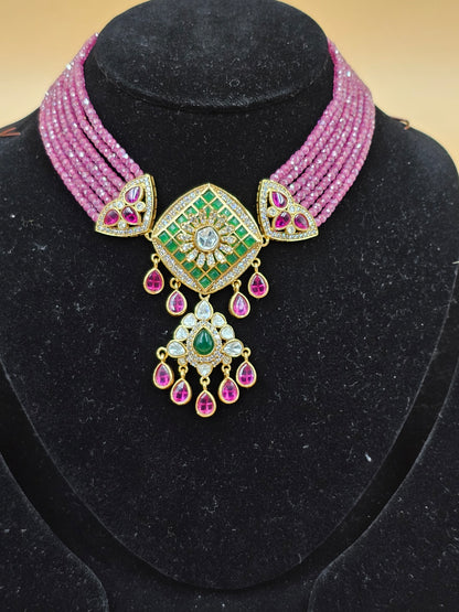 Gold-Finish Pink Beaded Choker Necklace Set with Multicolor Stones & Drop Earrings