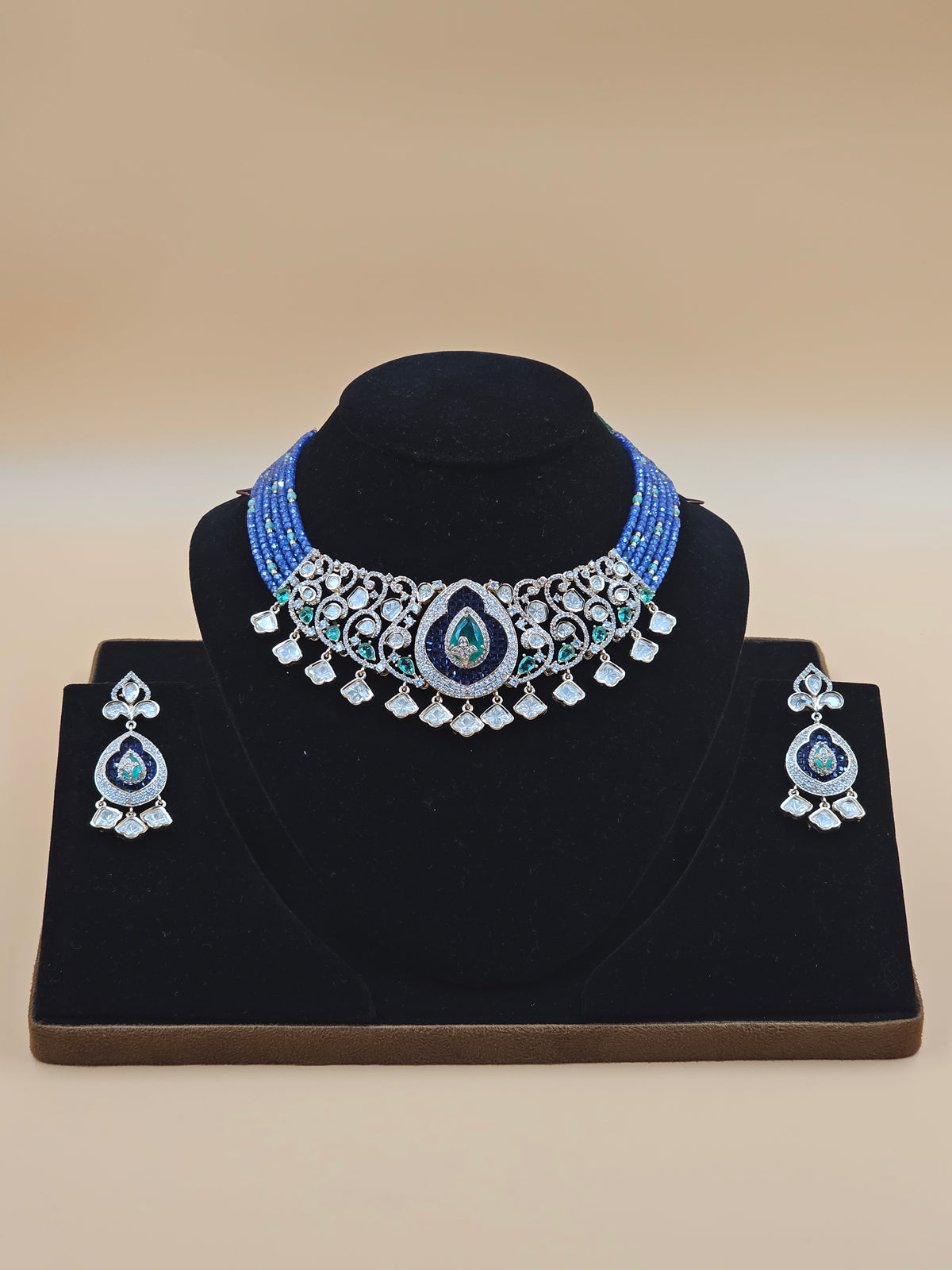 Silver-Tone Necklace Set with Turquoise Beads, Crystal Stones & Teardrop Pendant