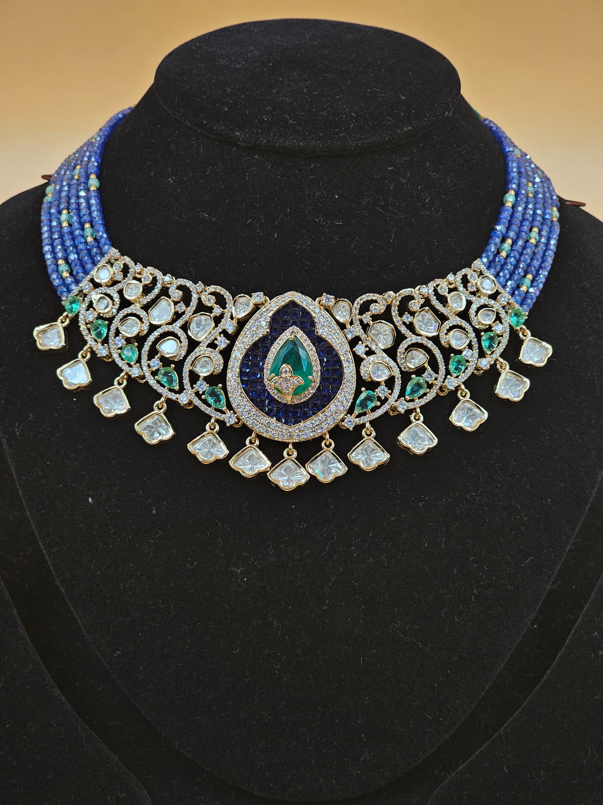 Silver-Tone Necklace Set with Turquoise Beads, Crystal Stones & Teardrop Pendant