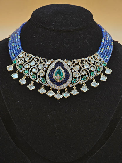 Silver-Tone Necklace Set with Turquoise Beads, Crystal Stones & Teardrop Pendant