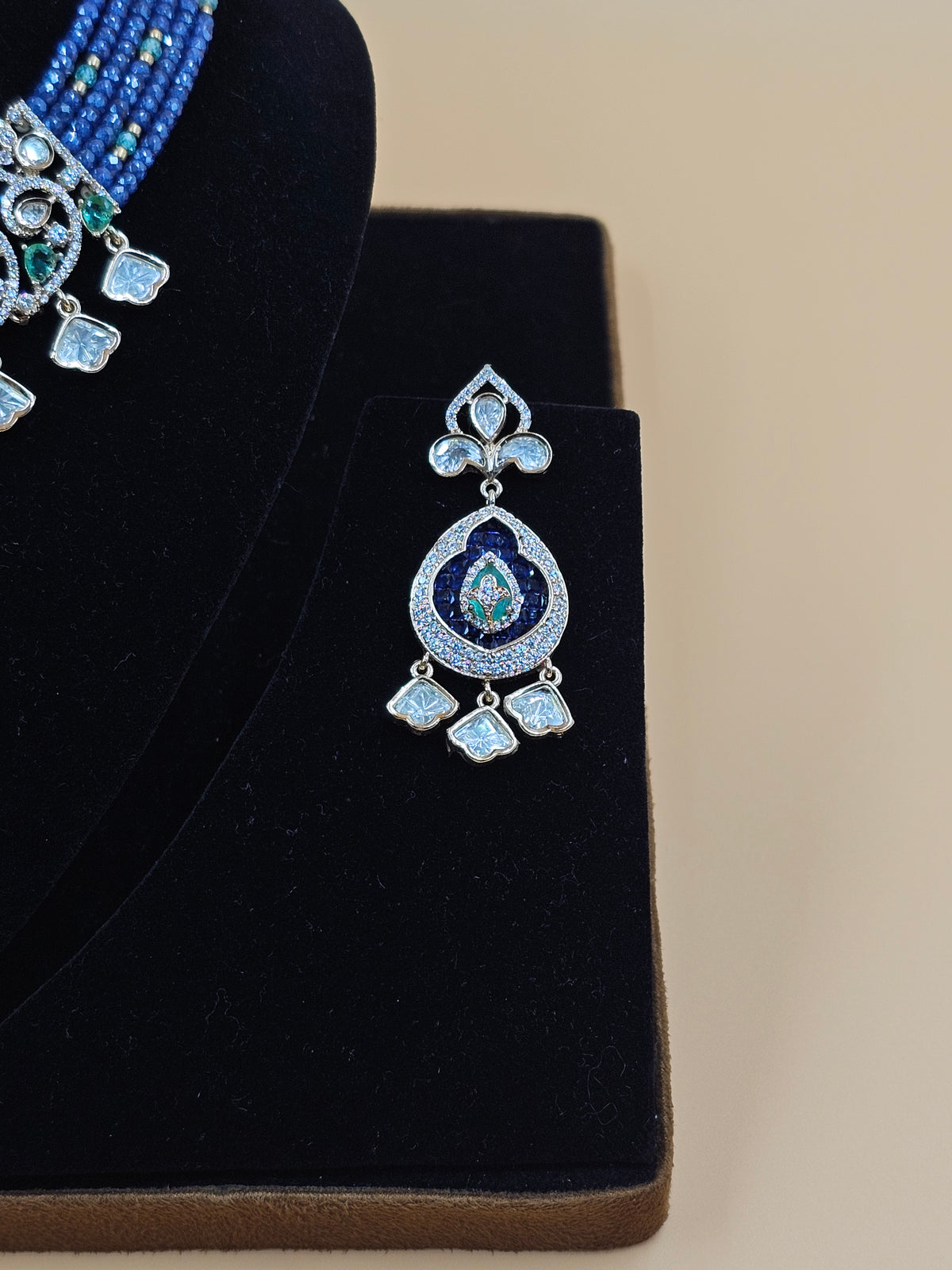 Silver-Tone Necklace Set with Turquoise Beads, Crystal Stones & Teardrop Pendant