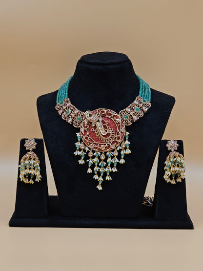 Traditional Gold-Tone Temple Necklace Set with Teal Beads