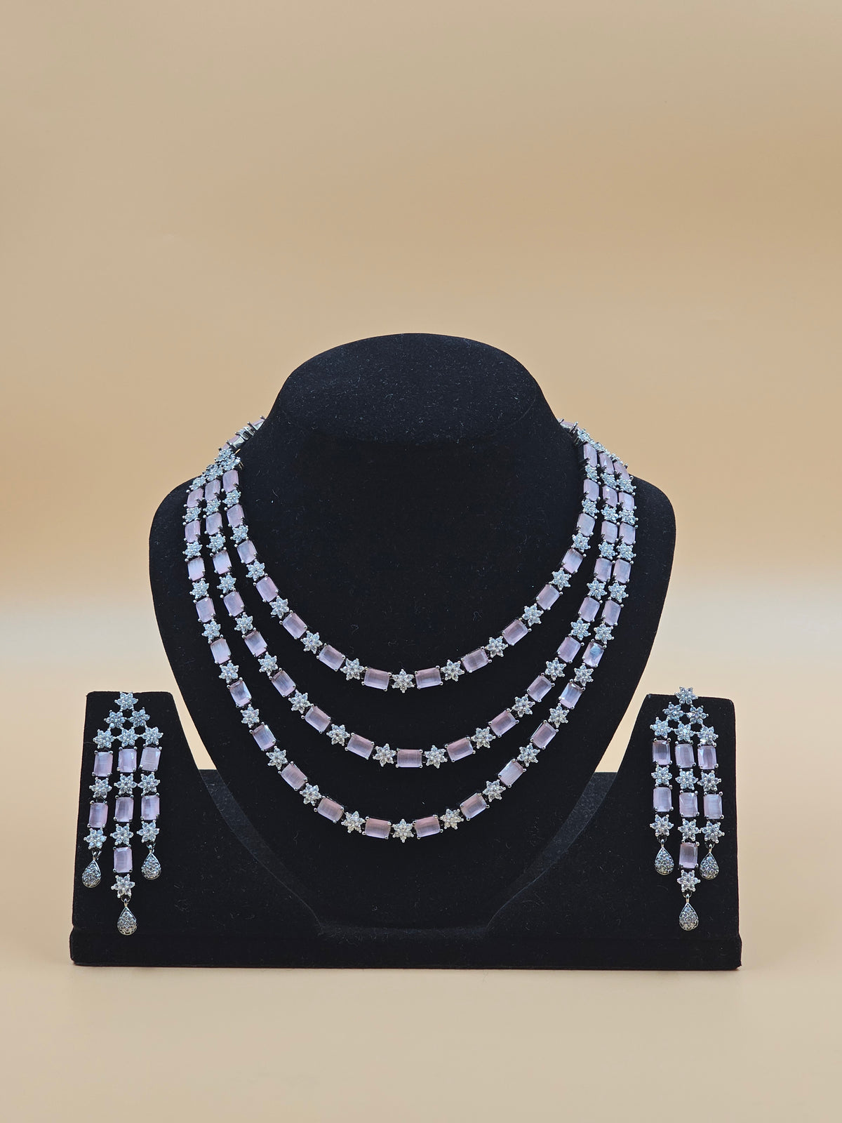 Elegant Lavender Crystal Three-Layer Necklace Set with Matching Earrings
