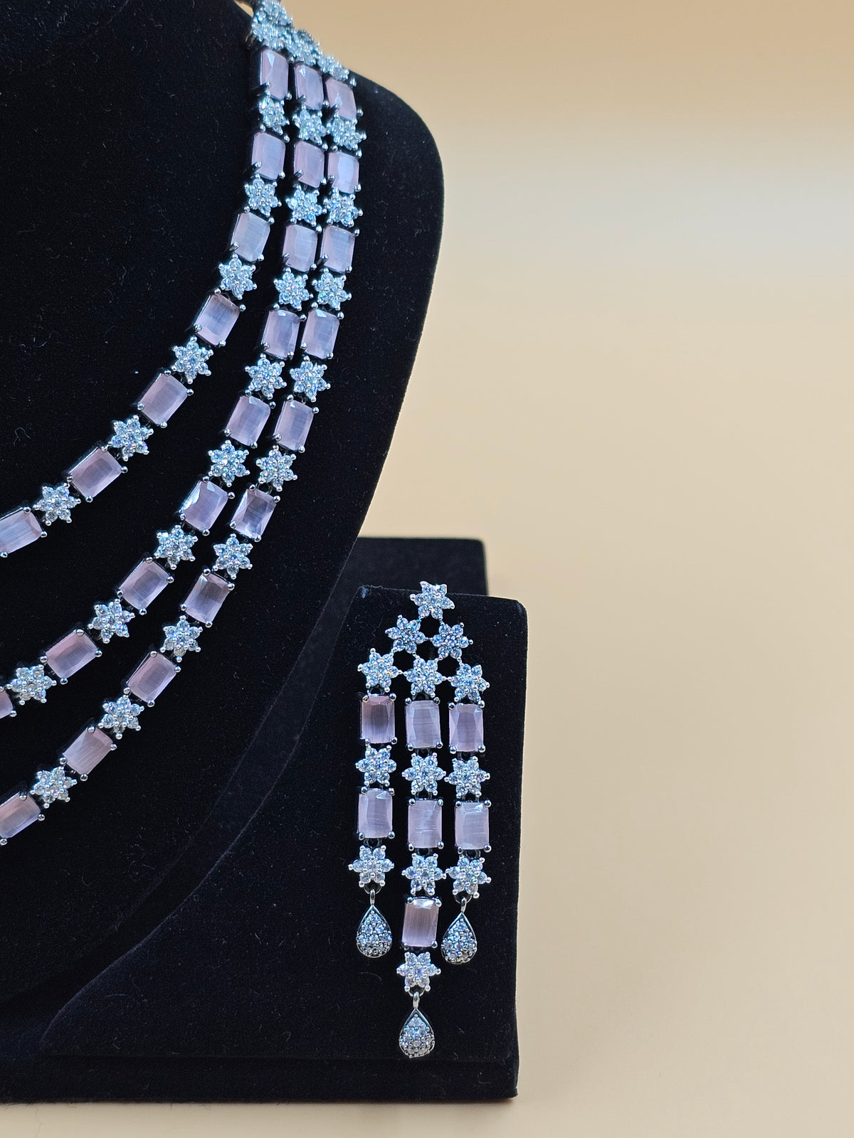 Elegant Lavender Crystal Three-Layer Necklace Set with Matching Earrings