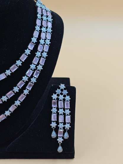 Elegant Lavender Crystal Three-Layer Necklace Set with Matching Earrings