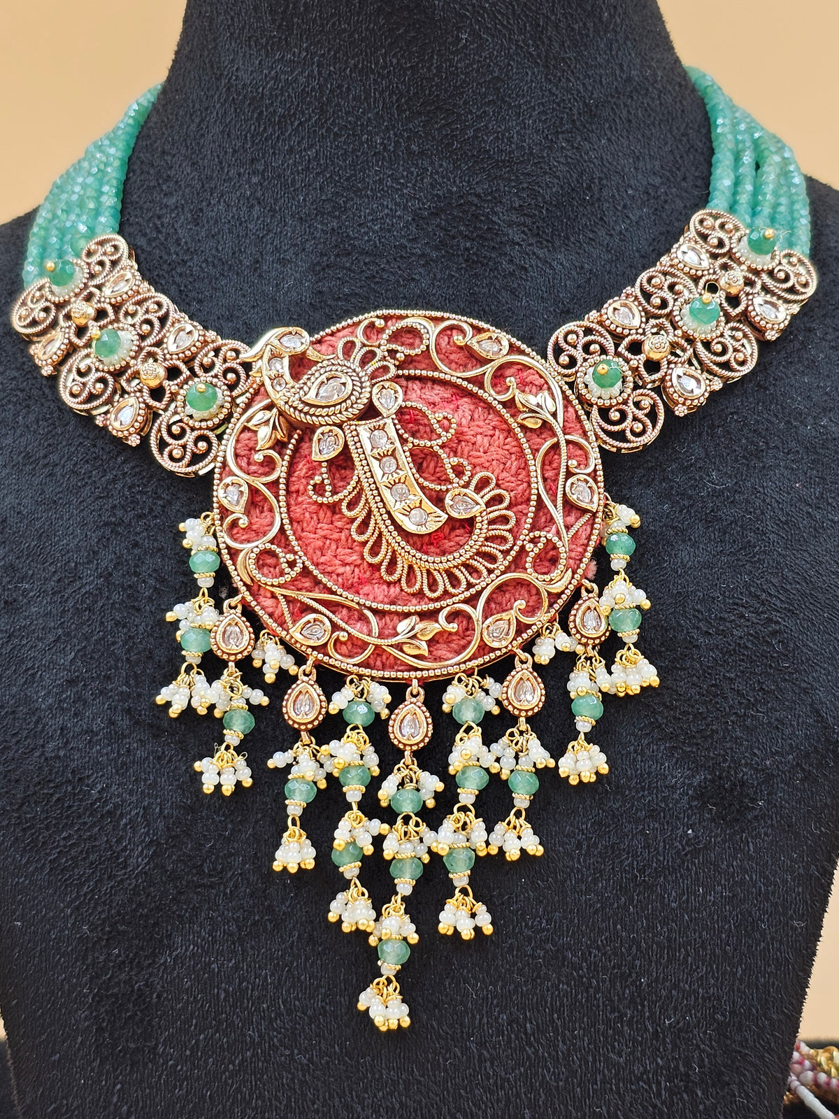 Traditional Gold-Tone Temple Necklace Set with Teal Beads