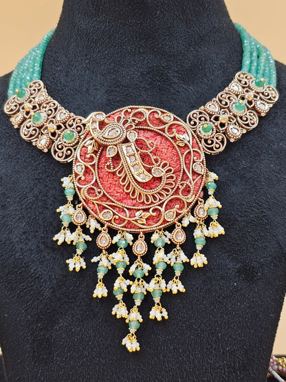 Traditional Gold-Tone Temple Necklace Set with Teal Beads