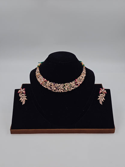Floral Rose Gold Necklace Set with Matching Earrings