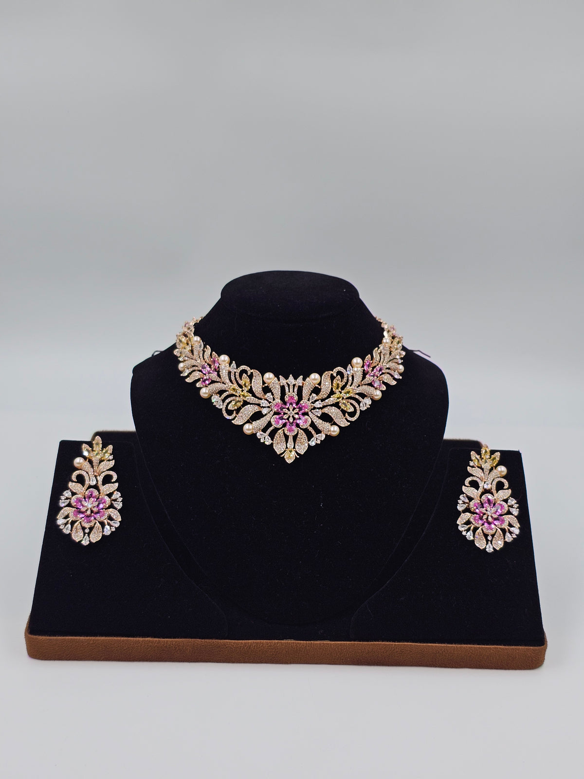 Pink Floral Gold-Tone Necklace Set with Pearl Accents