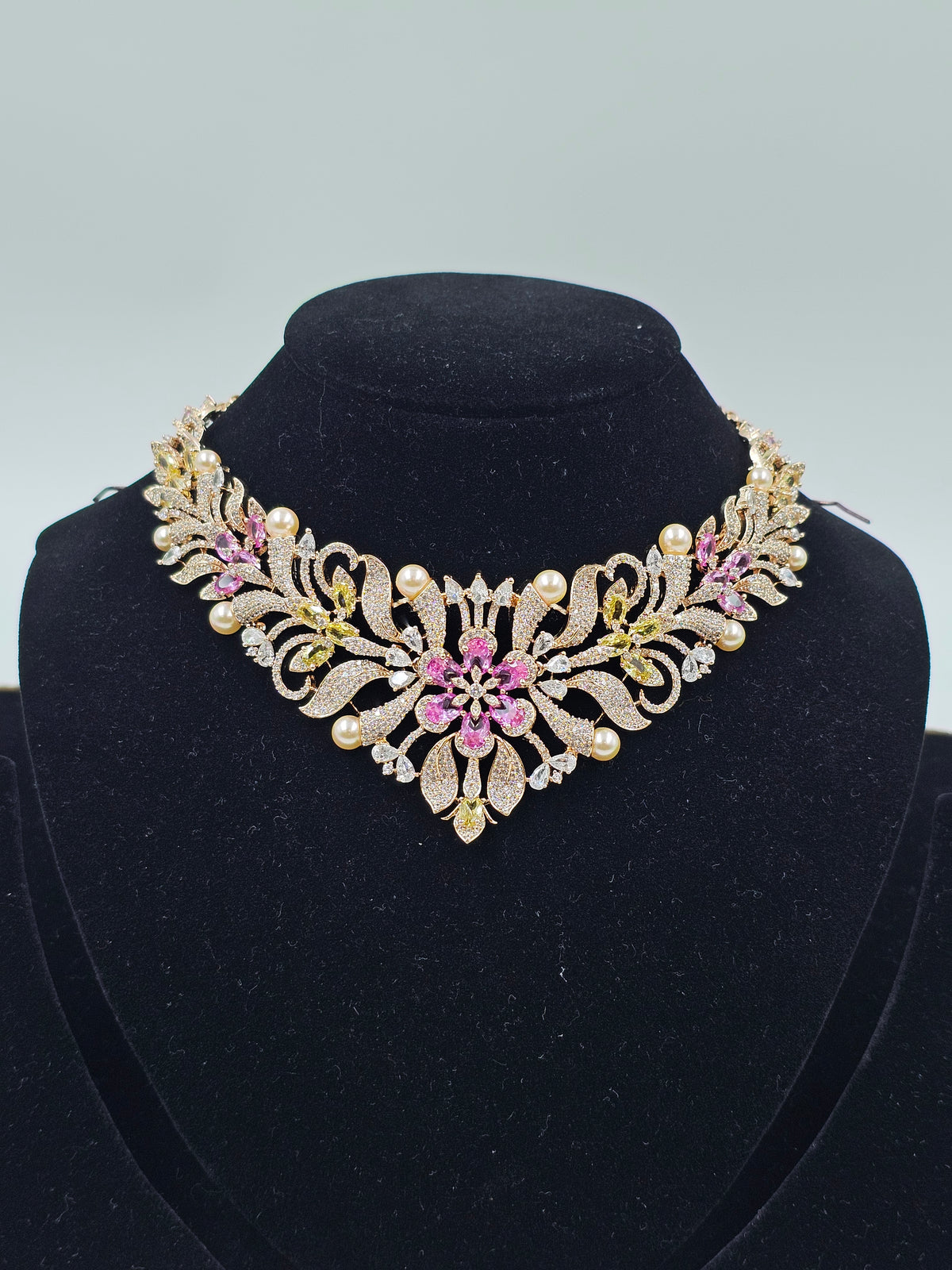 Pink Floral Gold-Tone Necklace Set with Pearl Accents