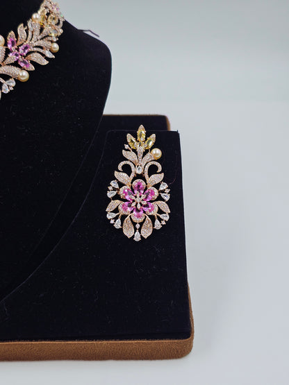 Pink Floral Gold-Tone Necklace Set with Pearl Accents