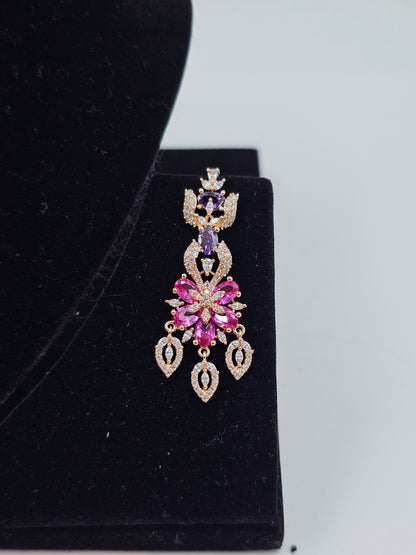 Purple Beaded Choker Necklace Set with Pink Floral Stones