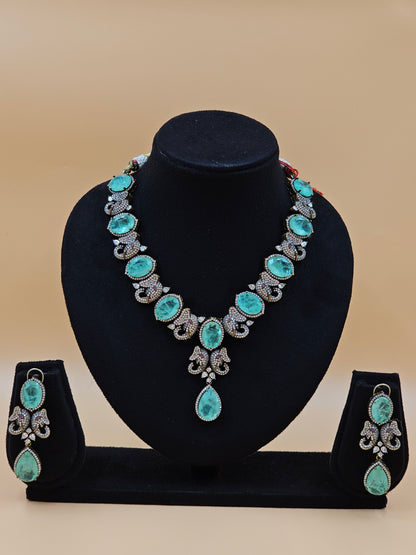 Elegant Aqua Blue Stone Necklace Set with Matching Earrings