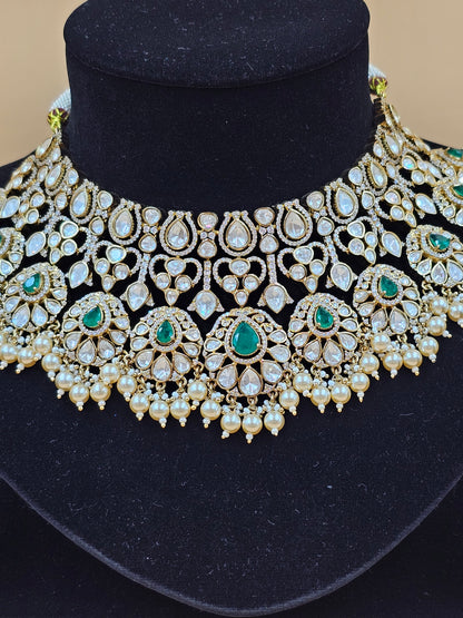 Emerald Green & Pearl Kundan Bridal Necklace Set