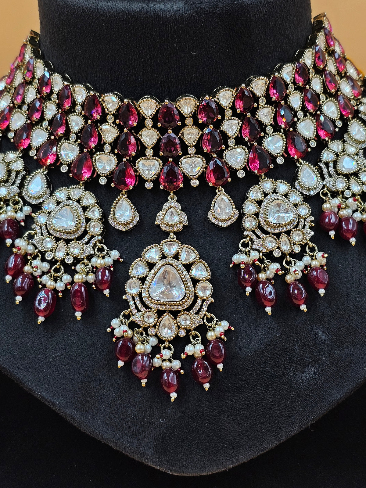 Ruby Red & Kundan Pearl Bridal Necklace Set