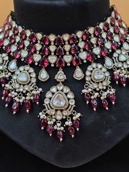 Ruby Red & Kundan Pearl Bridal Necklace Set