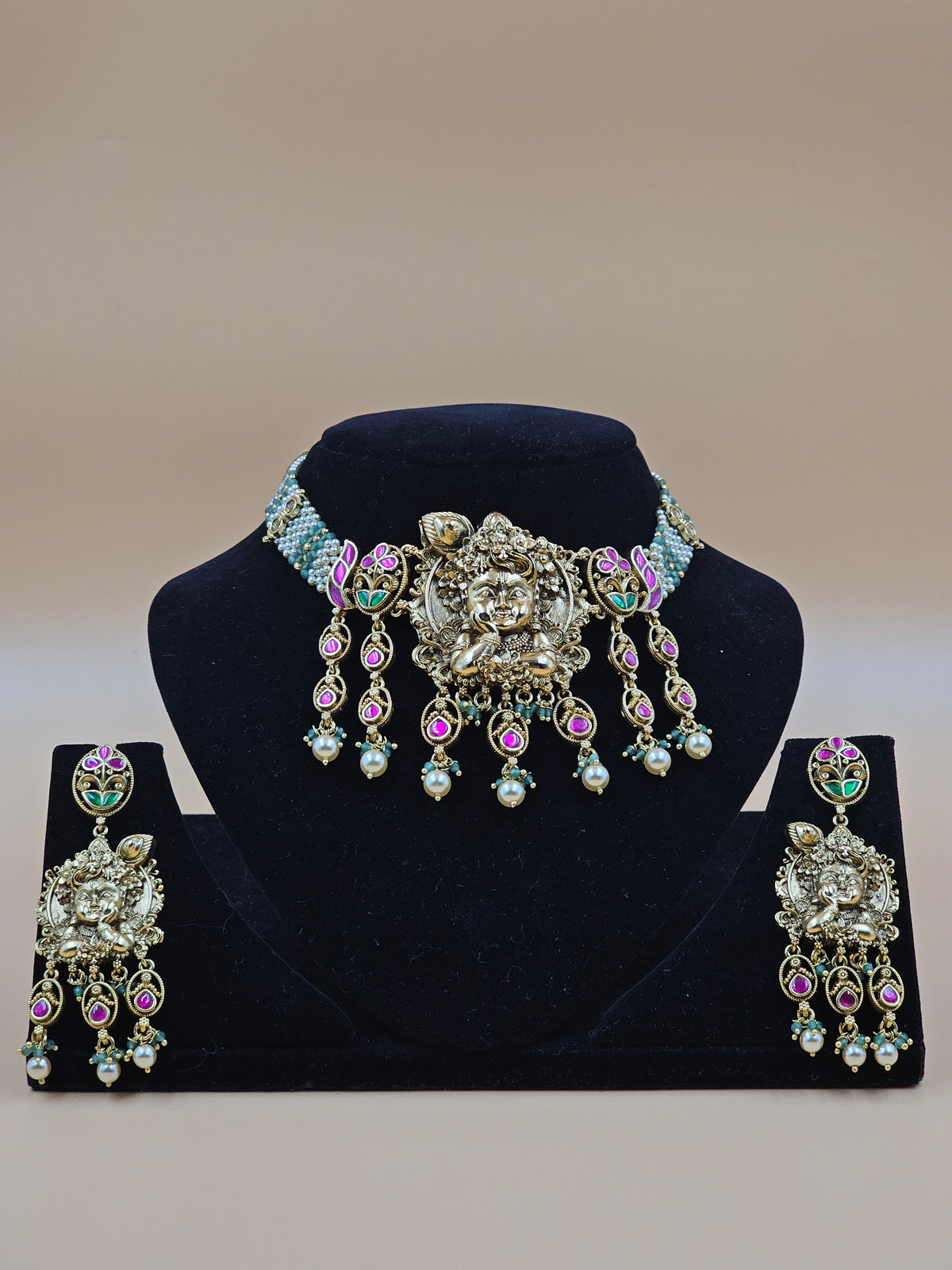Antique Gold Temple Jewellery Necklace Set with Pink & Blue Stone Work