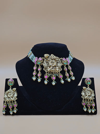 Antique Gold Temple Jewellery Necklace Set with Pink & Blue Stone Work