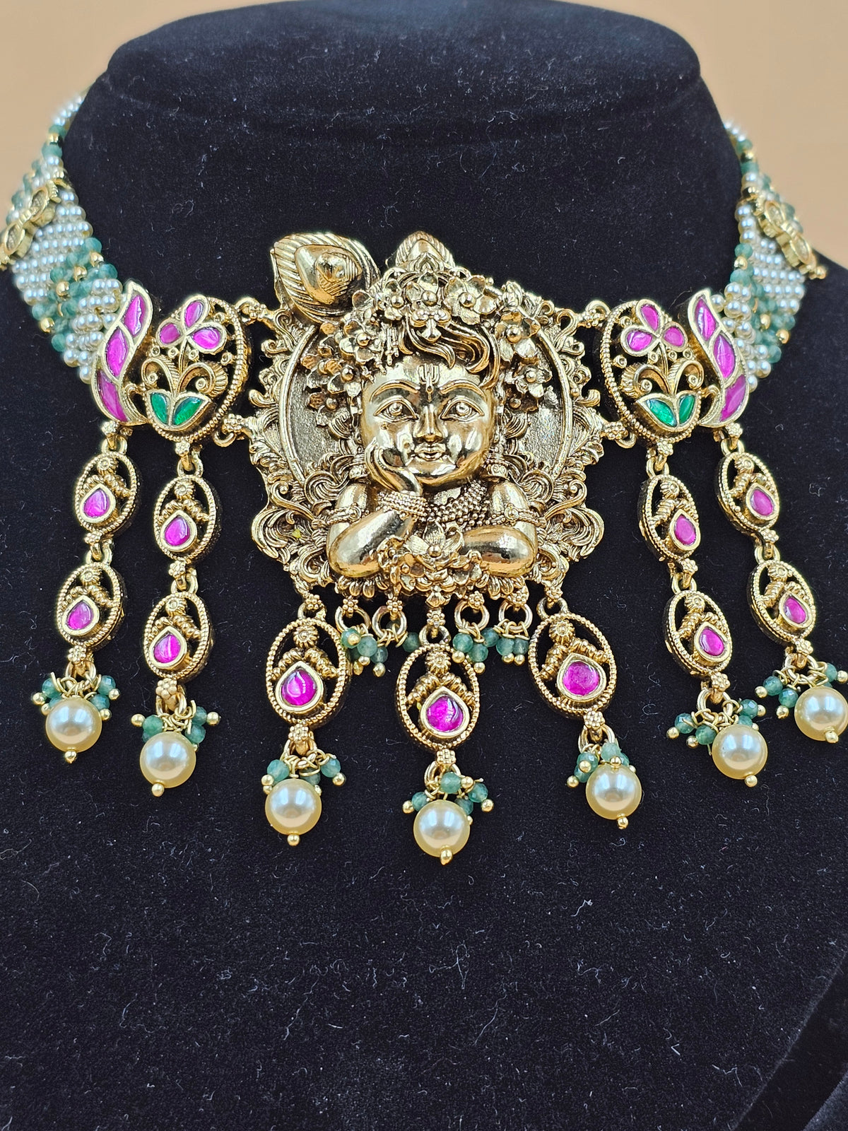 Antique Gold Temple Jewellery Necklace Set with Pink & Blue Stone Work