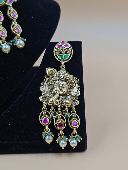 Antique Gold Temple Jewellery Necklace Set with Pink & Blue Stone Work