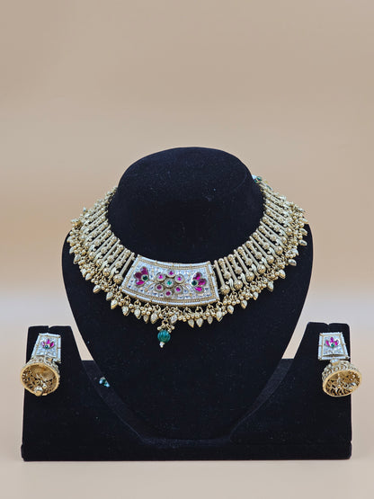 Antique Gold-Finish Traditional Choker Necklace Set with Multicolor Stone Work