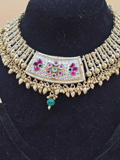 Antique Gold-Finish Traditional Choker Necklace Set with Multicolor Stone Work