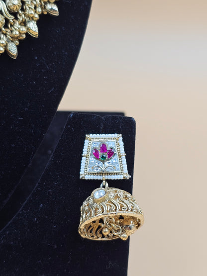 Antique Gold-Finish Traditional Choker Necklace Set with Multicolor Stone Work