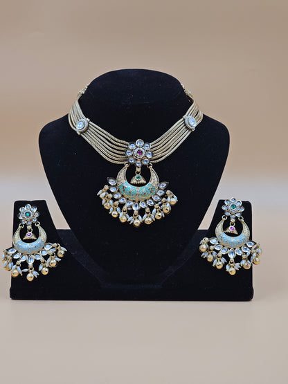Gold-Finish Multistrand Necklace Set with Sky Blue Enamel & Crystal Stone Work