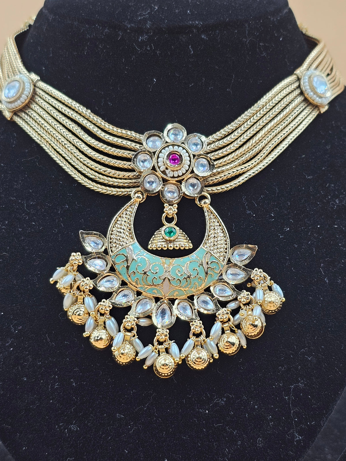 Gold-Finish Multistrand Necklace Set with Sky Blue Enamel & Crystal Stone Work