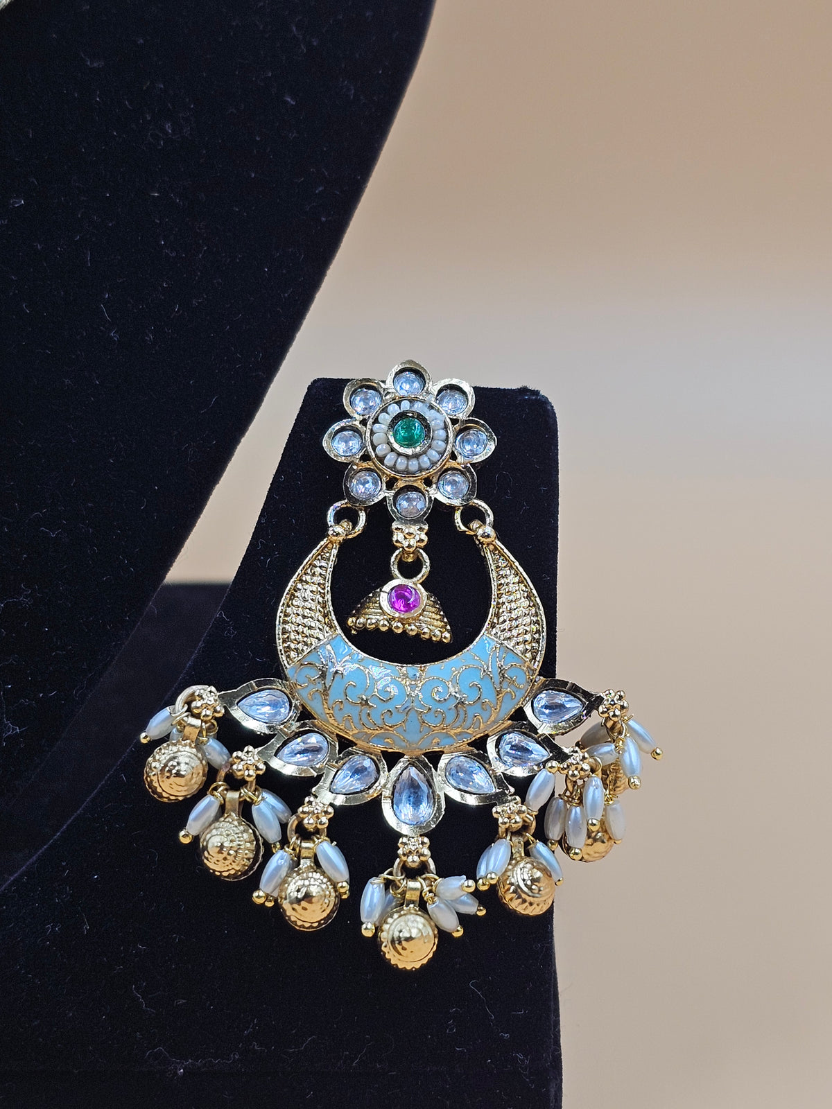Gold-Finish Multistrand Necklace Set with Sky Blue Enamel & Crystal Stone Work