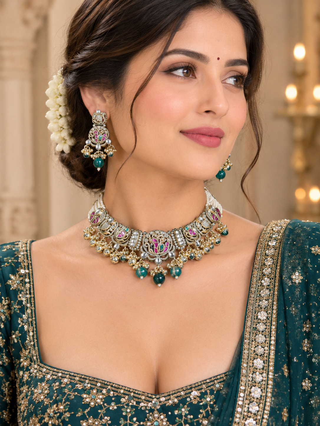 Antique Gold Traditional Necklace Set with Green Beads