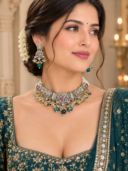 Antique Gold Traditional Necklace Set with Green Beads