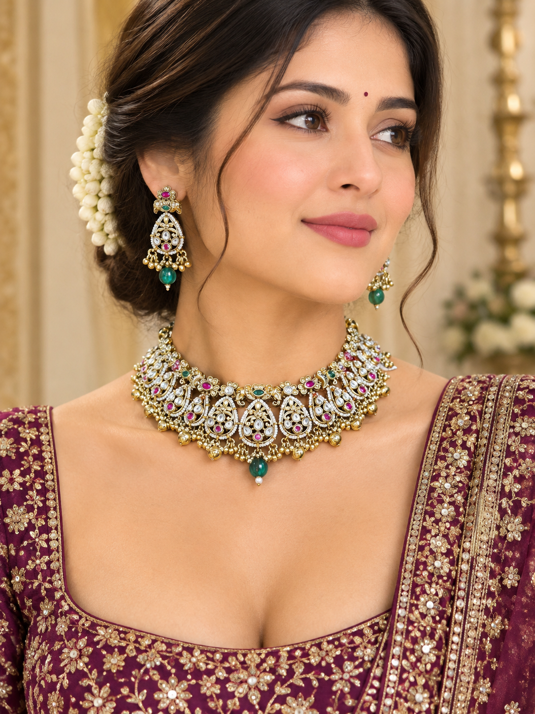 Antique Gold-Finish Traditional Choker Necklace Set with Crystal Stones & Green Bead Drops