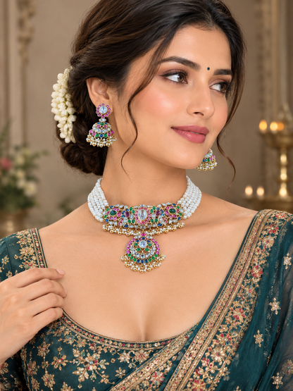 Multicolor Kundan Pearl Choker Necklace Set with Matching Earrings