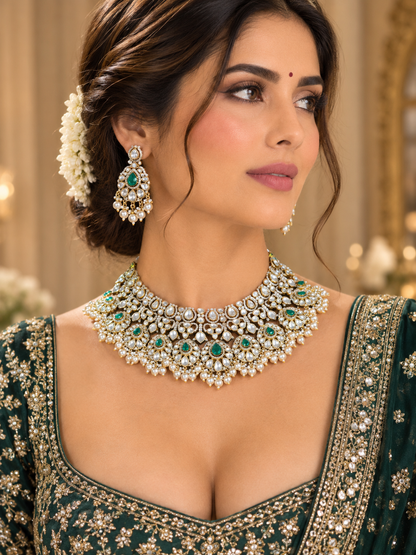 Emerald Green & Pearl Kundan Bridal Necklace Set