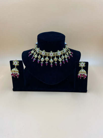 Floral Kundan Necklace Set with Pink Beads