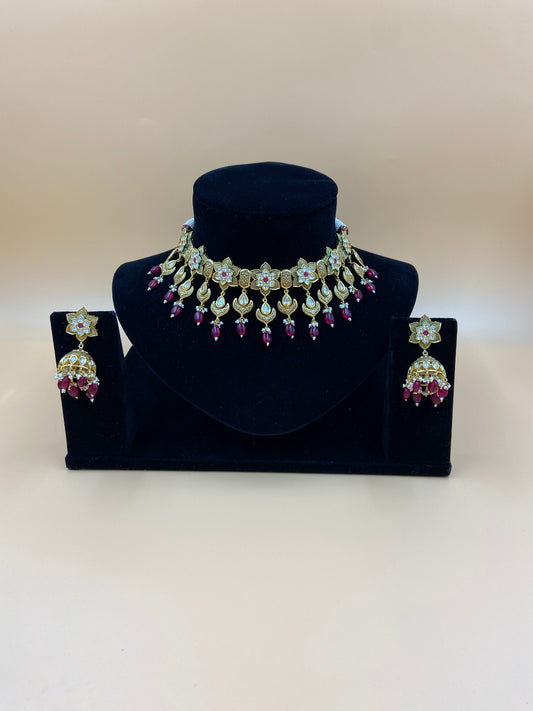 Floral Kundan Necklace Set with Pink Beads