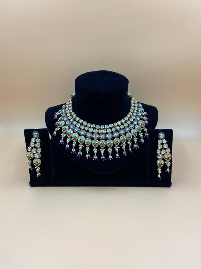 Kundan Necklace Set with Green and Pink Stones