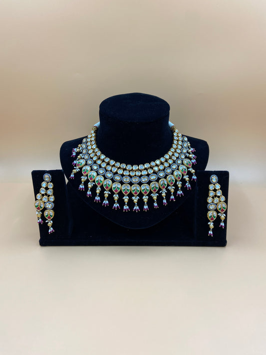 Kundan Necklace Set with Green and Pink Stones