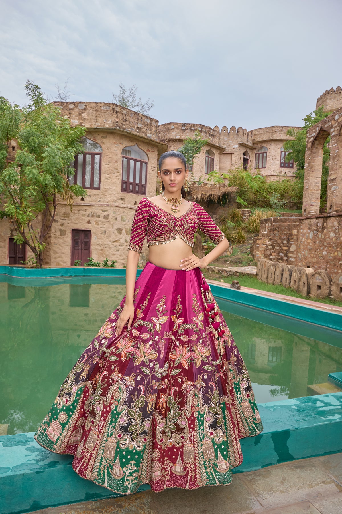 Manushri magenta and green lotus lehenga set, full length