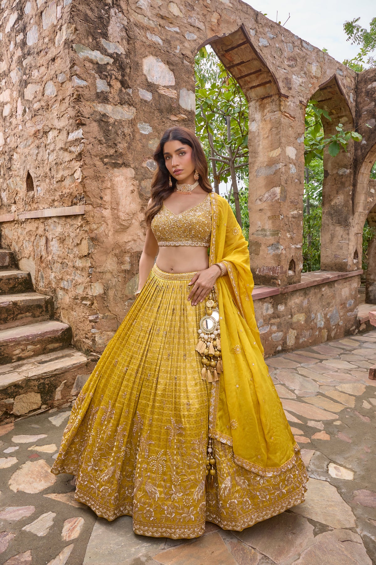 Miraya haldi yellow embroidered lehenga set, front view